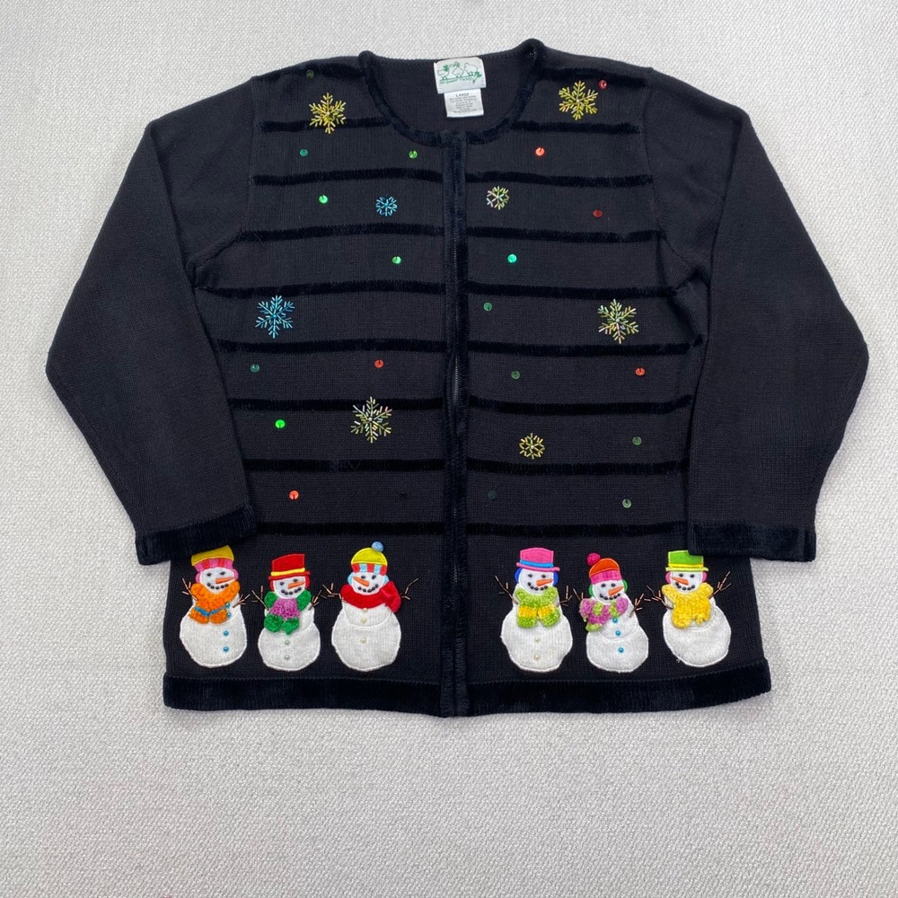 Quacker Factory Snowman Zip Cardigan Women Large Black Holiday Beaded Sweater
